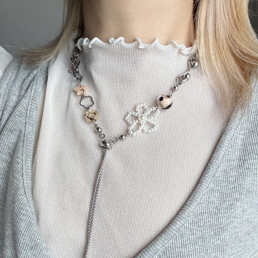 Flower Charm Necklace — Y2K Silver Floral Statement Necklace