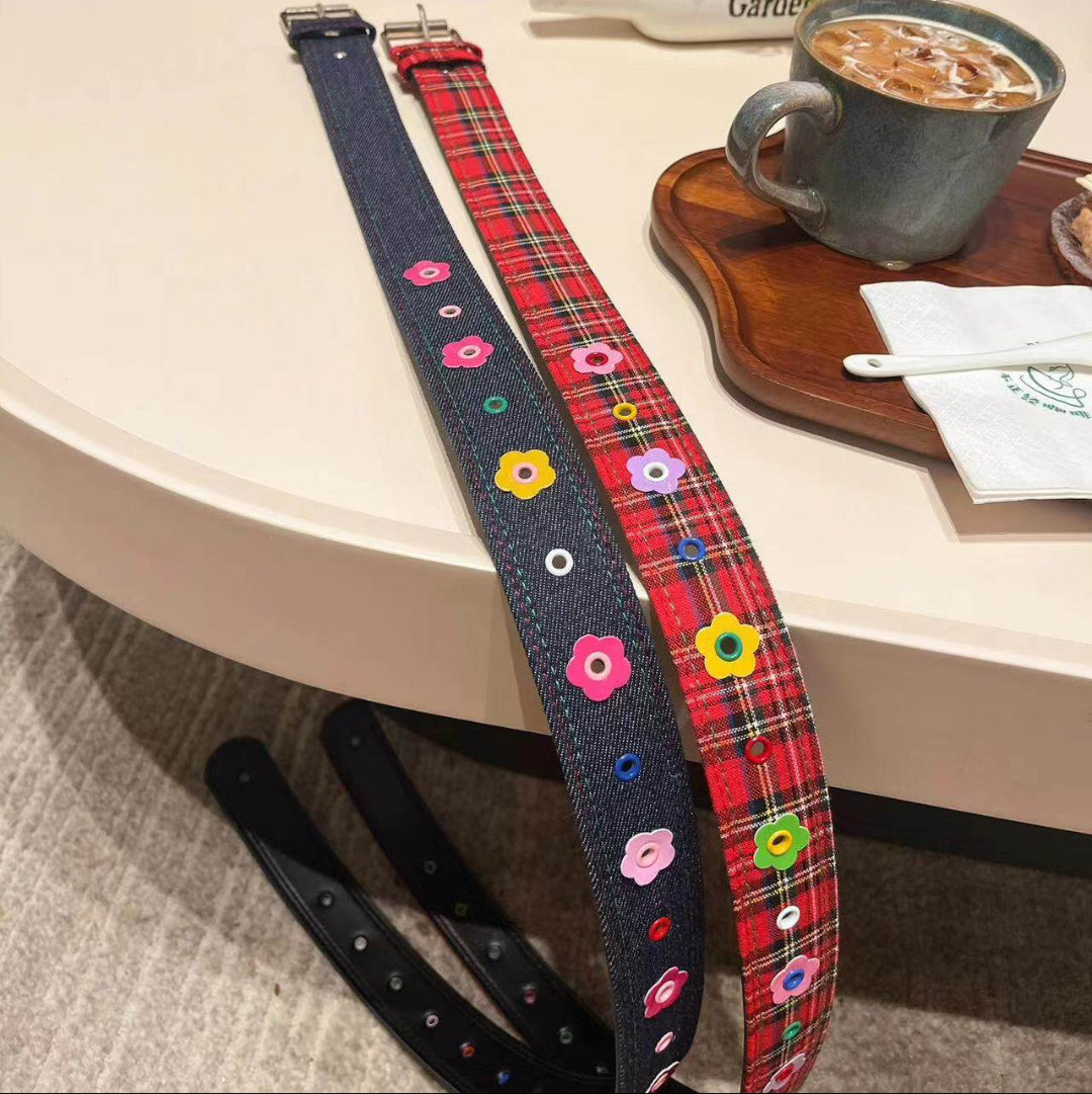 Y2K Floral Denim Plaid Belt — Cute Vintage Streetwear Waist Belt