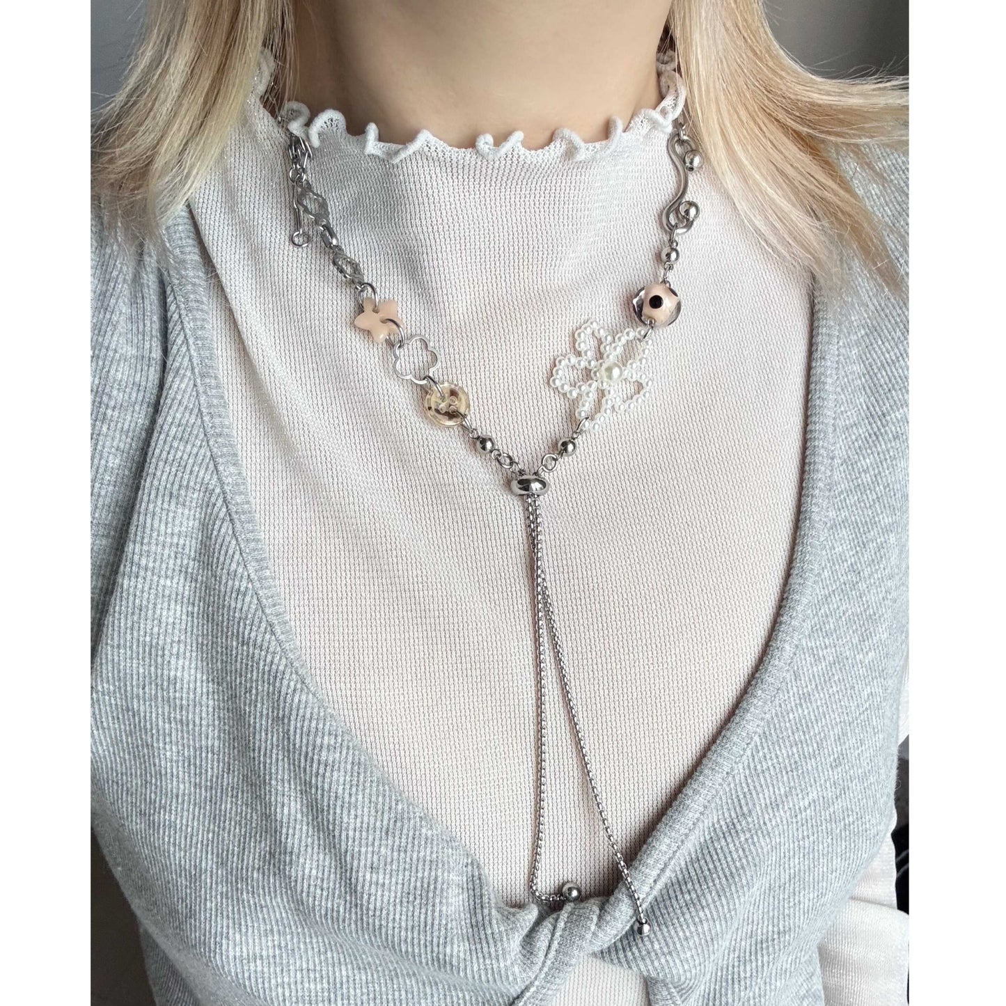 Flower Charm Necklace — Y2K Silver Floral Statement Necklace