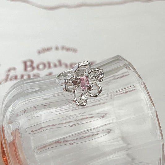 Pink Crystal Flower Ring — Y2K Fairycore Statement Ring