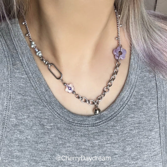 Purple Flower Beaded Chain Necklace