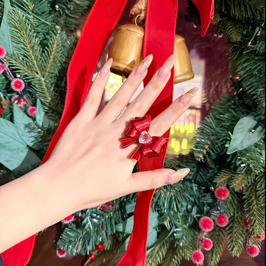 Bow Heart Crystal Ring — Y2K Coquette 3D Printed Statement Ring