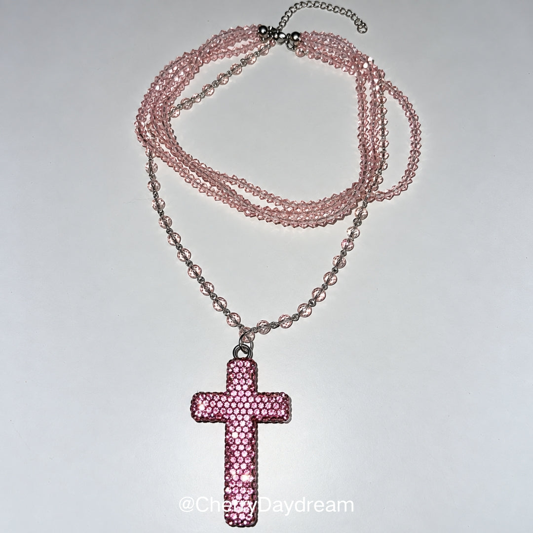 Handmade Pink Crystal Cross Layered Necklace
