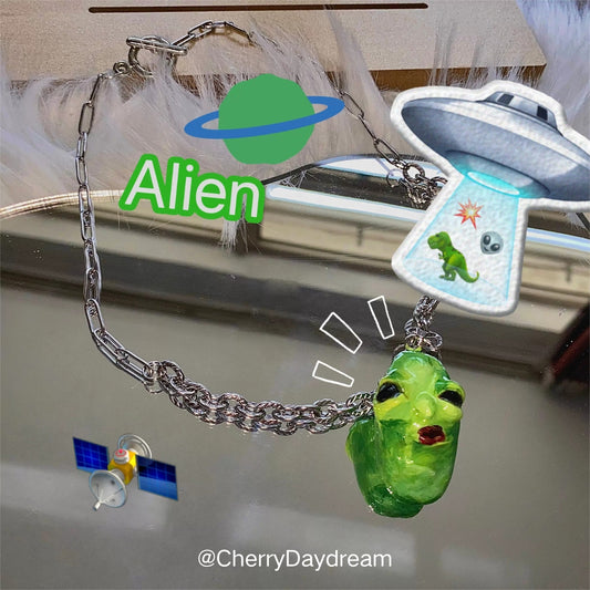 Handmade Green Alien Face Pendant Necklace