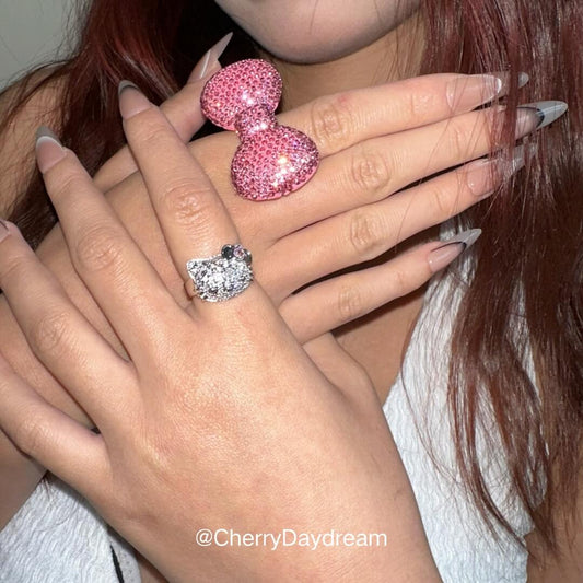 Sparkling Rhinestone Bow & Cat Adjustable Ring
