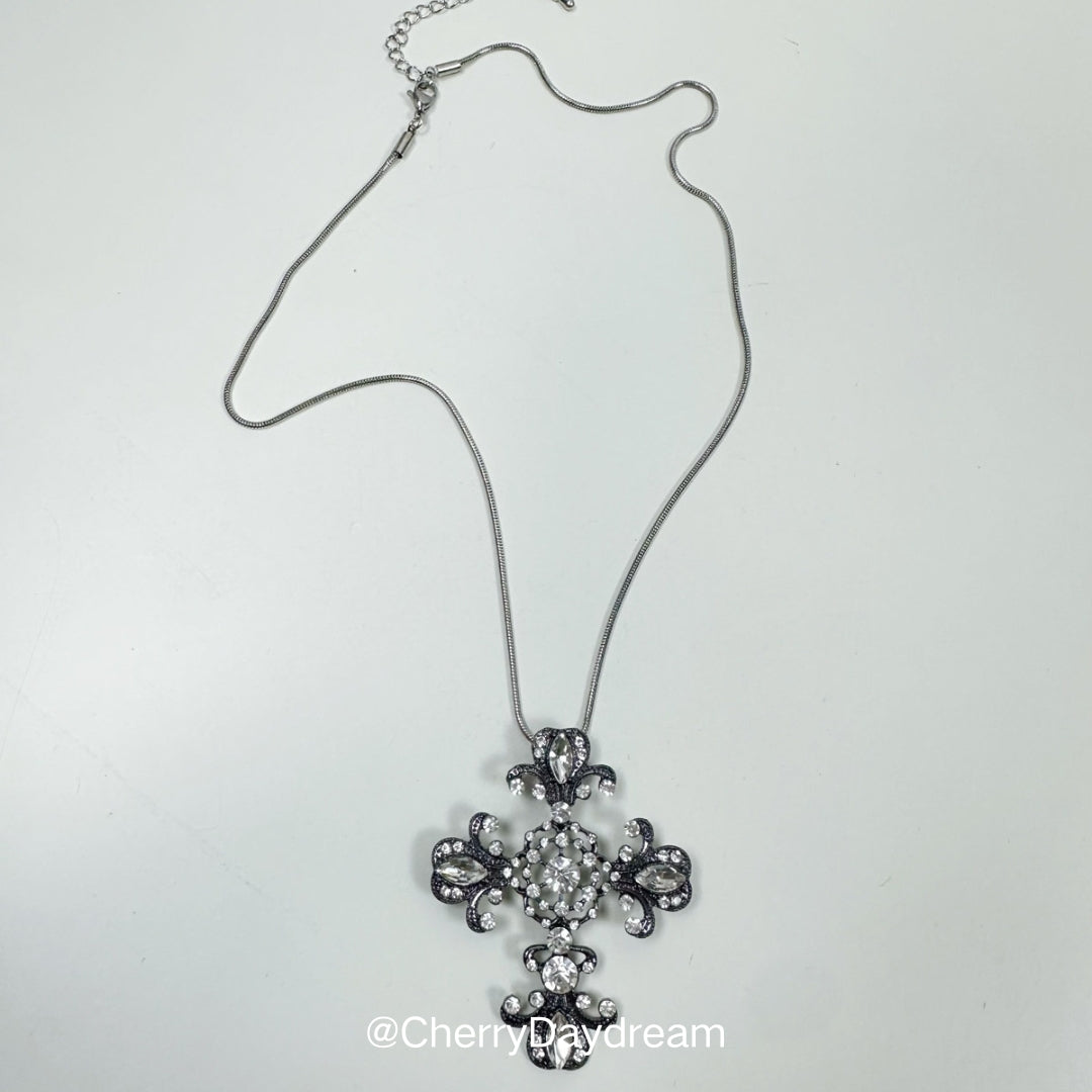 Crystal Cross Pendant Necklace — Vintage Silver Jewelry
