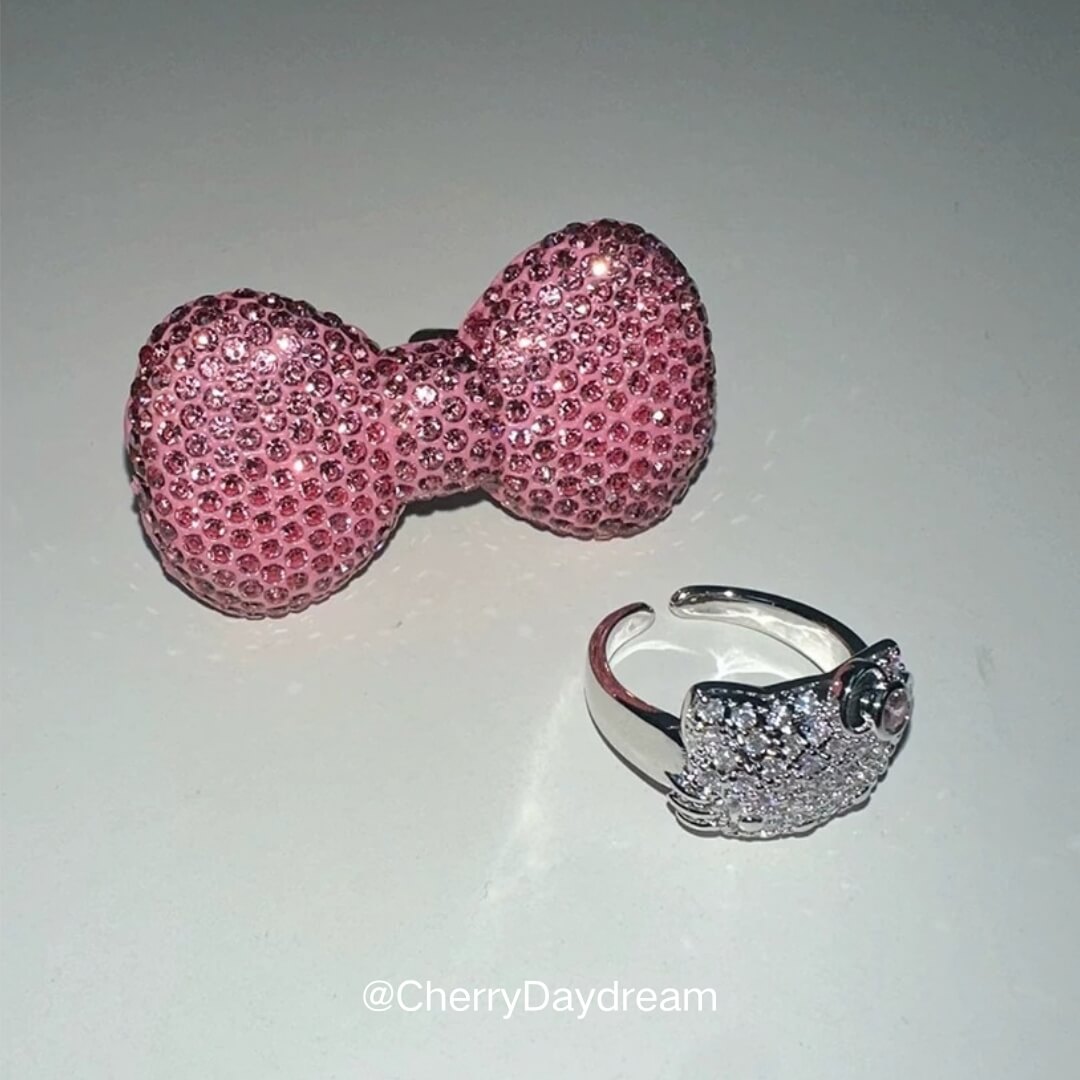Sparkling Rhinestone Bow & Cat Adjustable Ring
