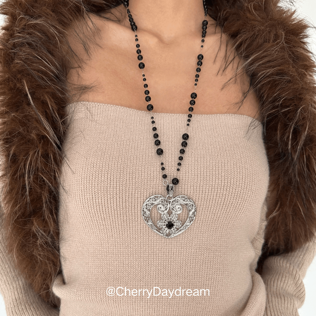 Vintage Black Beaded Heart Necklace