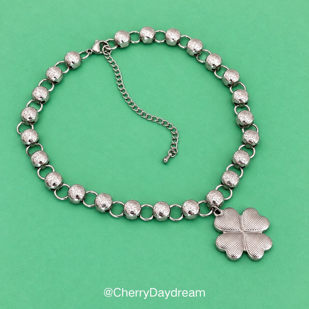 Silver Four Leaf Clover Beaded Choker Necklace