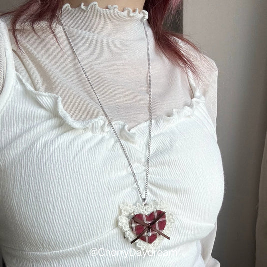Gingham Lace Heart Pendant Necklace