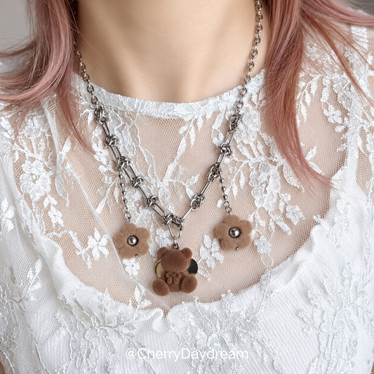 Plush Teddy & Flower Charm Necklace