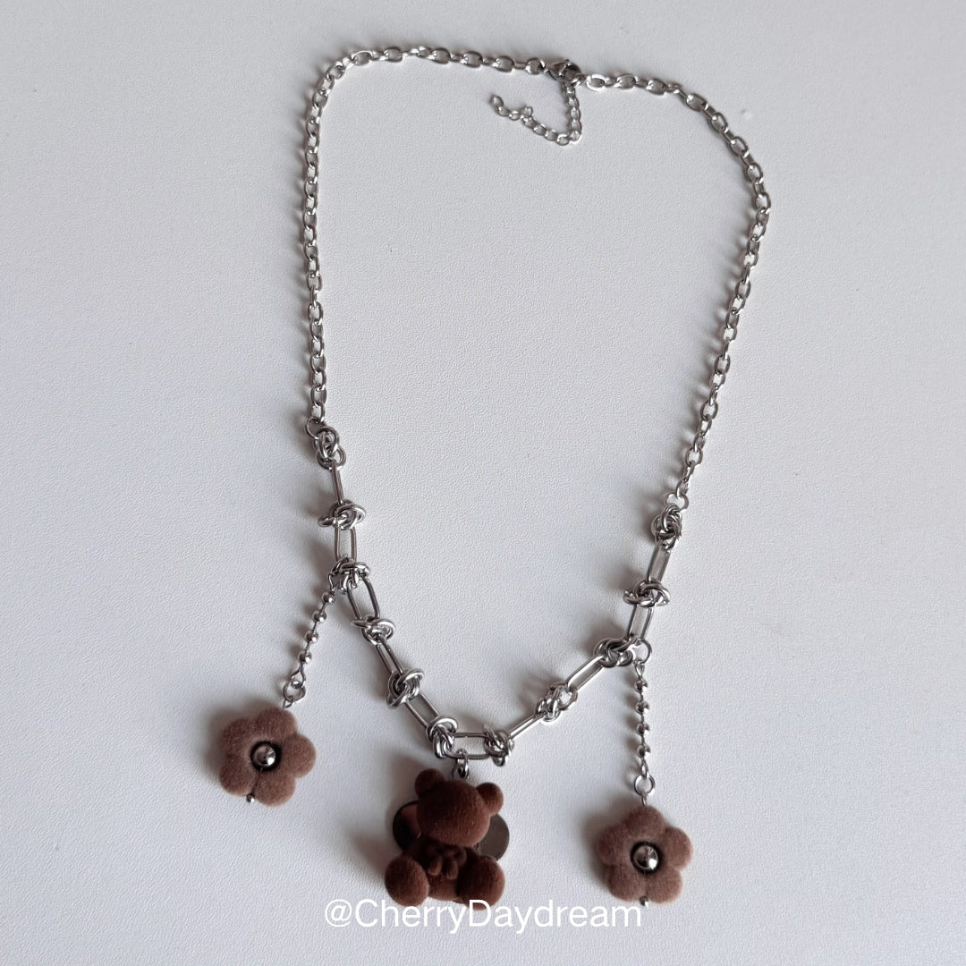 Plush Teddy & Flower Charm Necklace