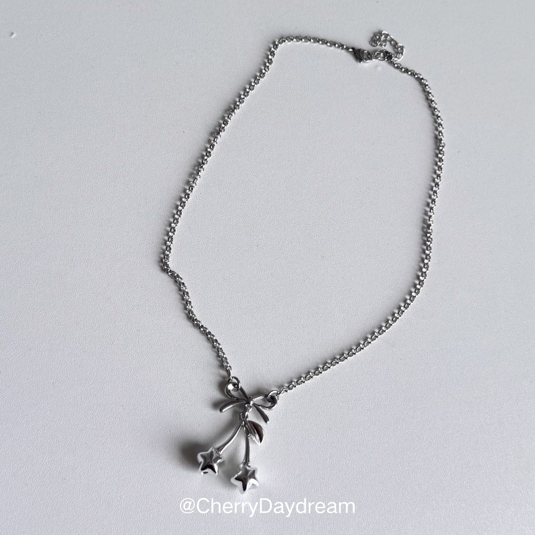 Silver Bow Star Cherry Charm Necklace