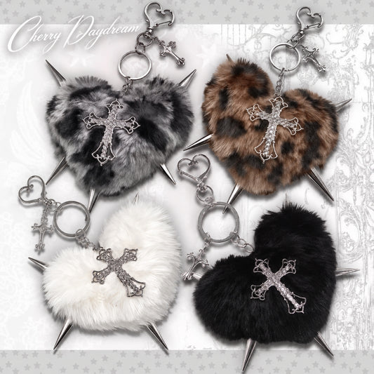 Gothic Plush Heart Keychain with Cross Charm