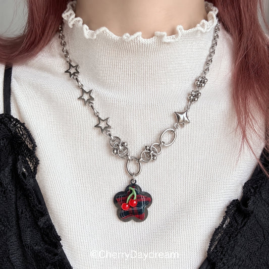 Star Cherry Plaid Pendant Necklace