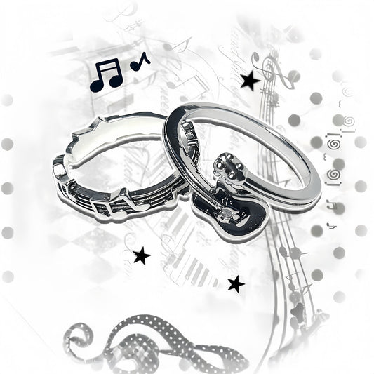 Guitar & Music Note Stackable Rings | Vintage Silver Tone Alloy Jewelry Set