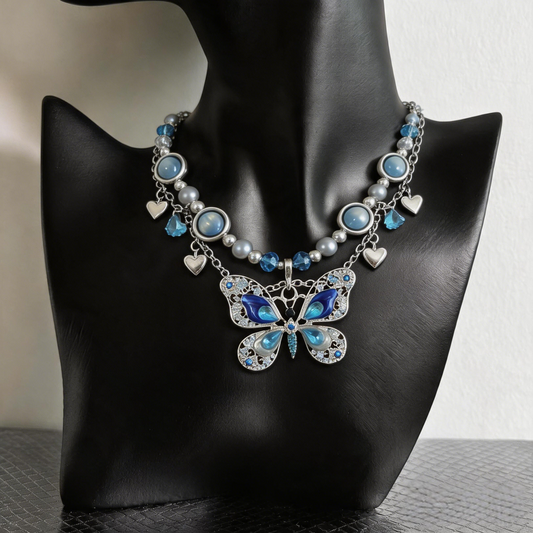 Blue Butterfly Pearl Layered Necklace – Dreamy Fairycore Statement Jewelry