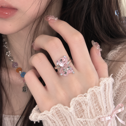 Pink Teddy Bear Ring — Cute Y2K Crystal Bow Bear Statement Ring