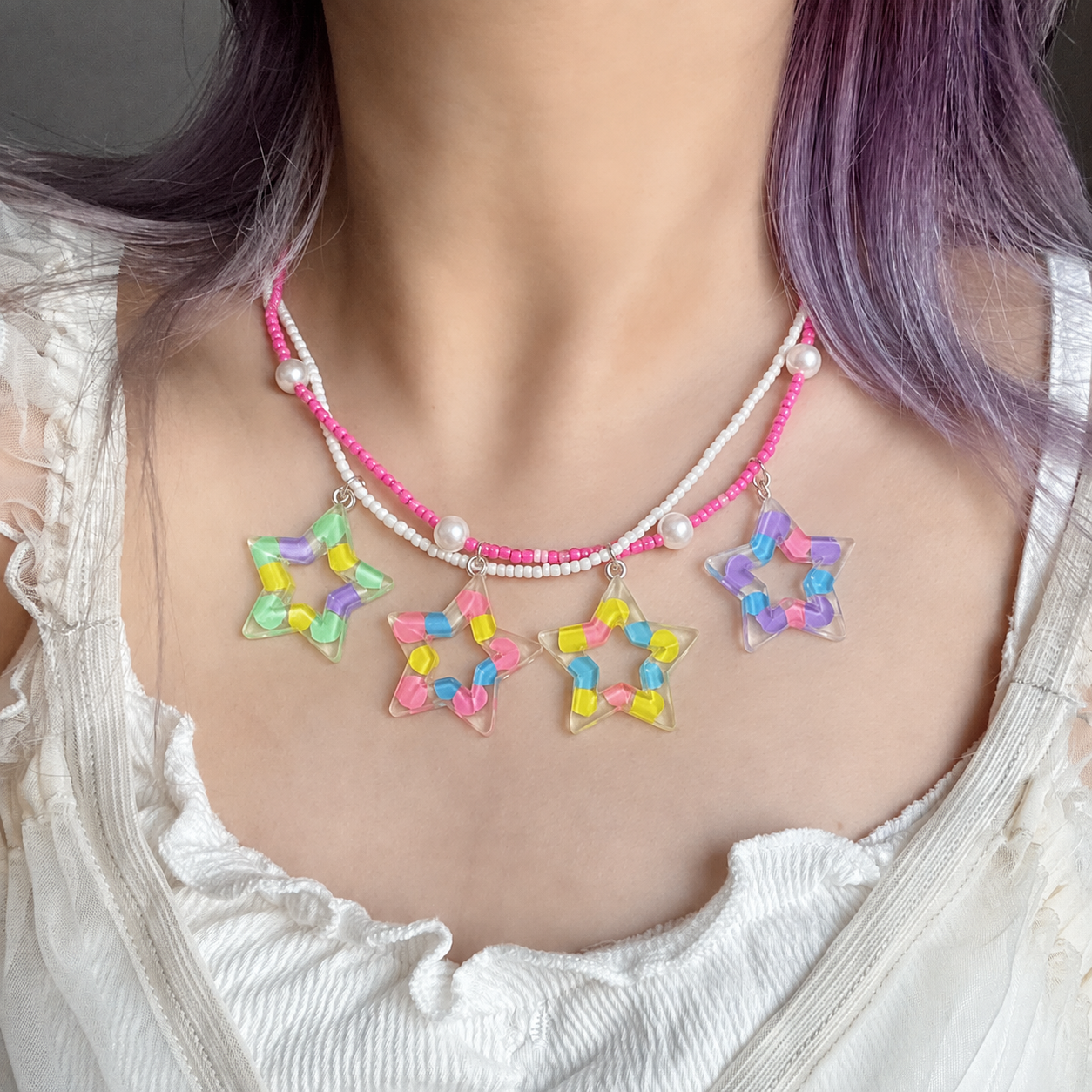 Colorful Star Charm Beaded Necklace — Y2K Kawaii Rainbow Pendant Layered Necklace