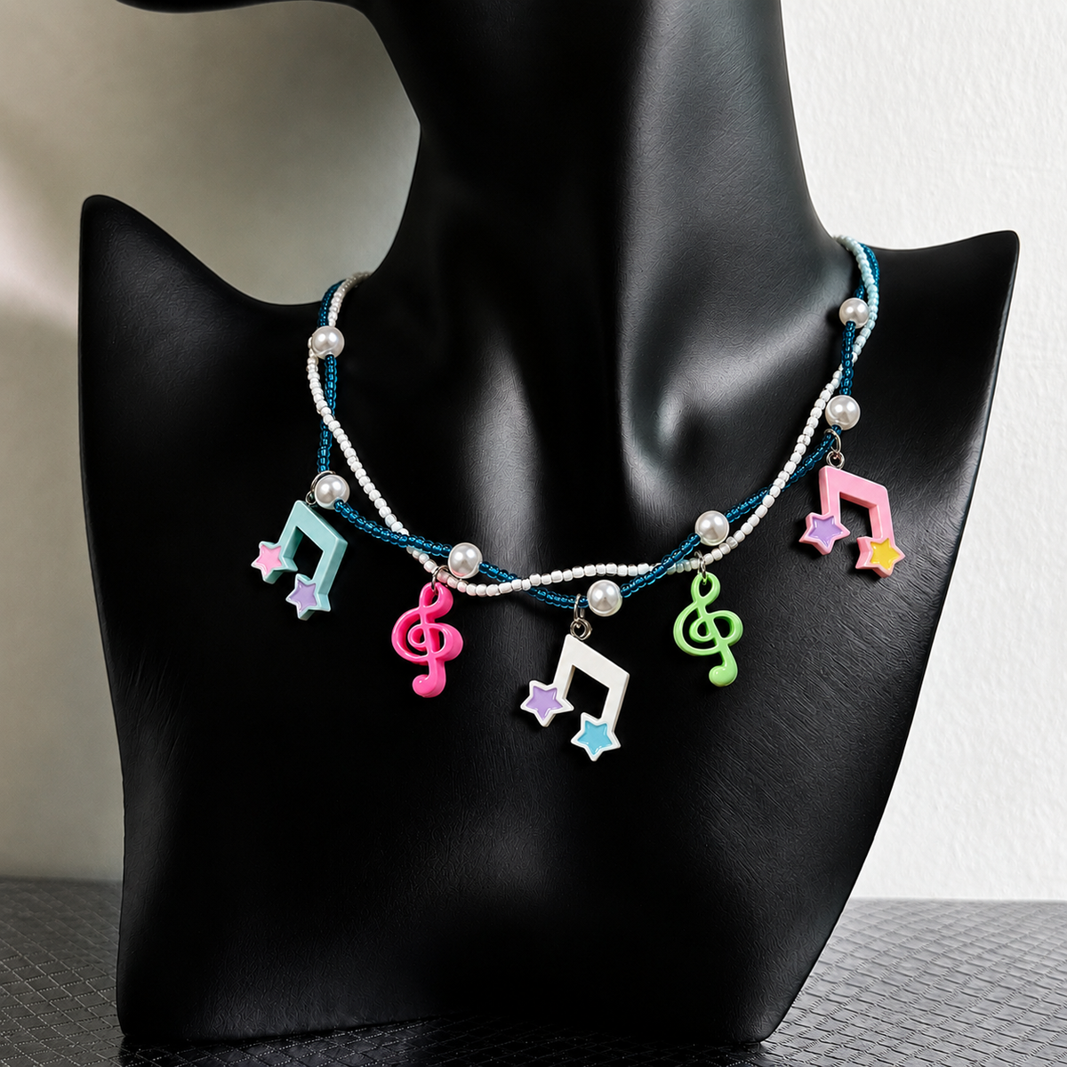 Musical Note Star Charm Necklace — Y2K Kawaii Beaded Pearl Layered Necklace
