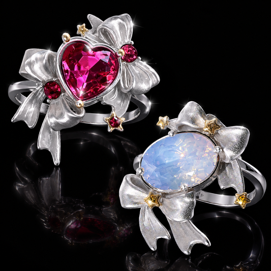 Love Spell Crystal Bow Ring – Y2K Silver Heart Gemstone Adjustable Statement Ring