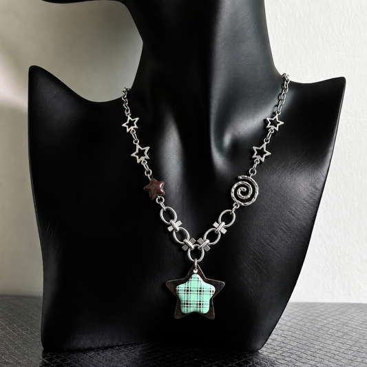 Plaid Star Charm Necklace — Y2K Vintage Layered Chain Necklace