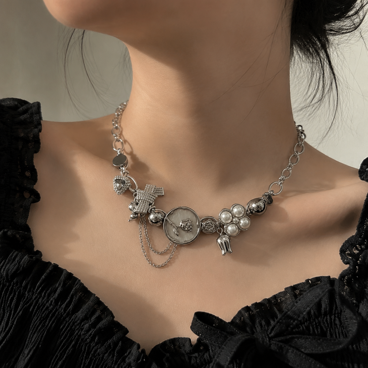 Silver Charm Necklace | Vintage Pearl Chain Statement Jewelry