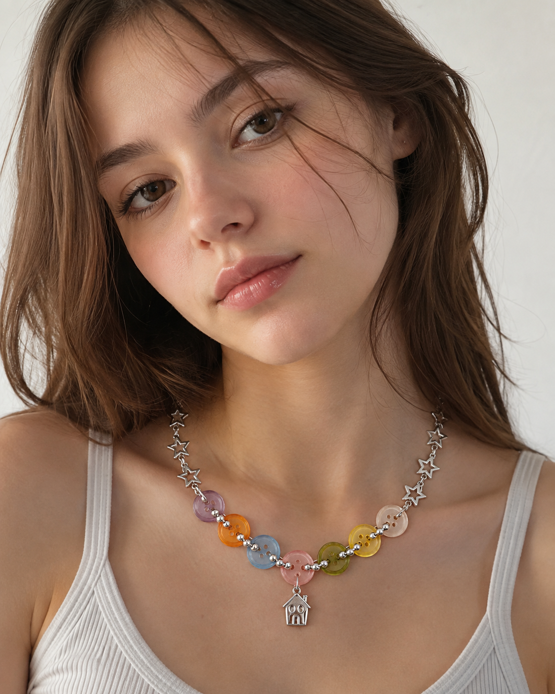 Colorful Button Star Necklace — Y2K Kawaii Charm Statement Necklace