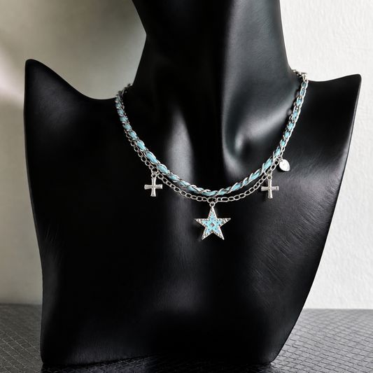 Blue Star Layered Chain Necklace – Y2K Gothic Cross Charm Statement Necklace
