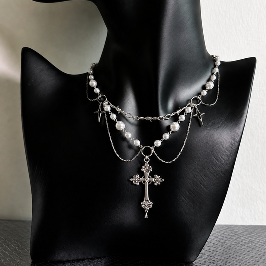 Vintage Pearl Cross Layered Necklace – Gothic Star Charm Statement Necklace