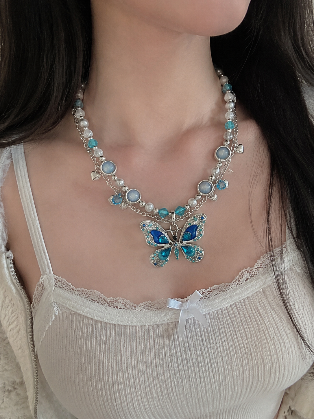 Blue Butterfly Pearl Layered Necklace – Dreamy Fairycore Statement Jewelry