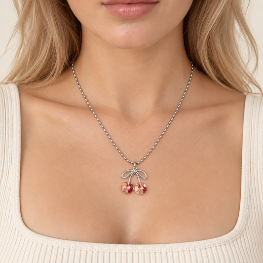Vintage Polka Dot Cherry Bow Beaded Necklace