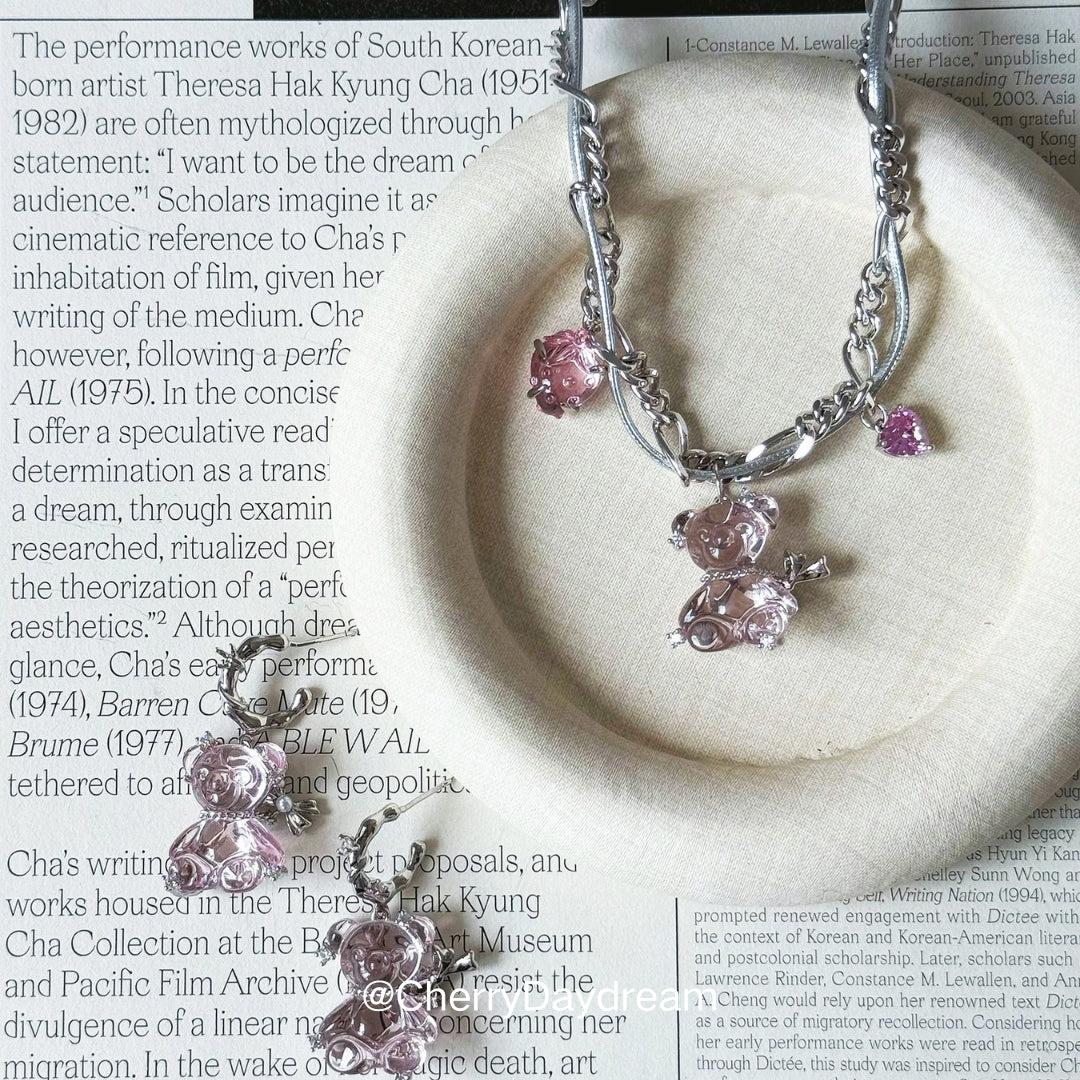 Pink Teddy Bear Charm Necklace — Y2K Cute Crystal Pendant Chain