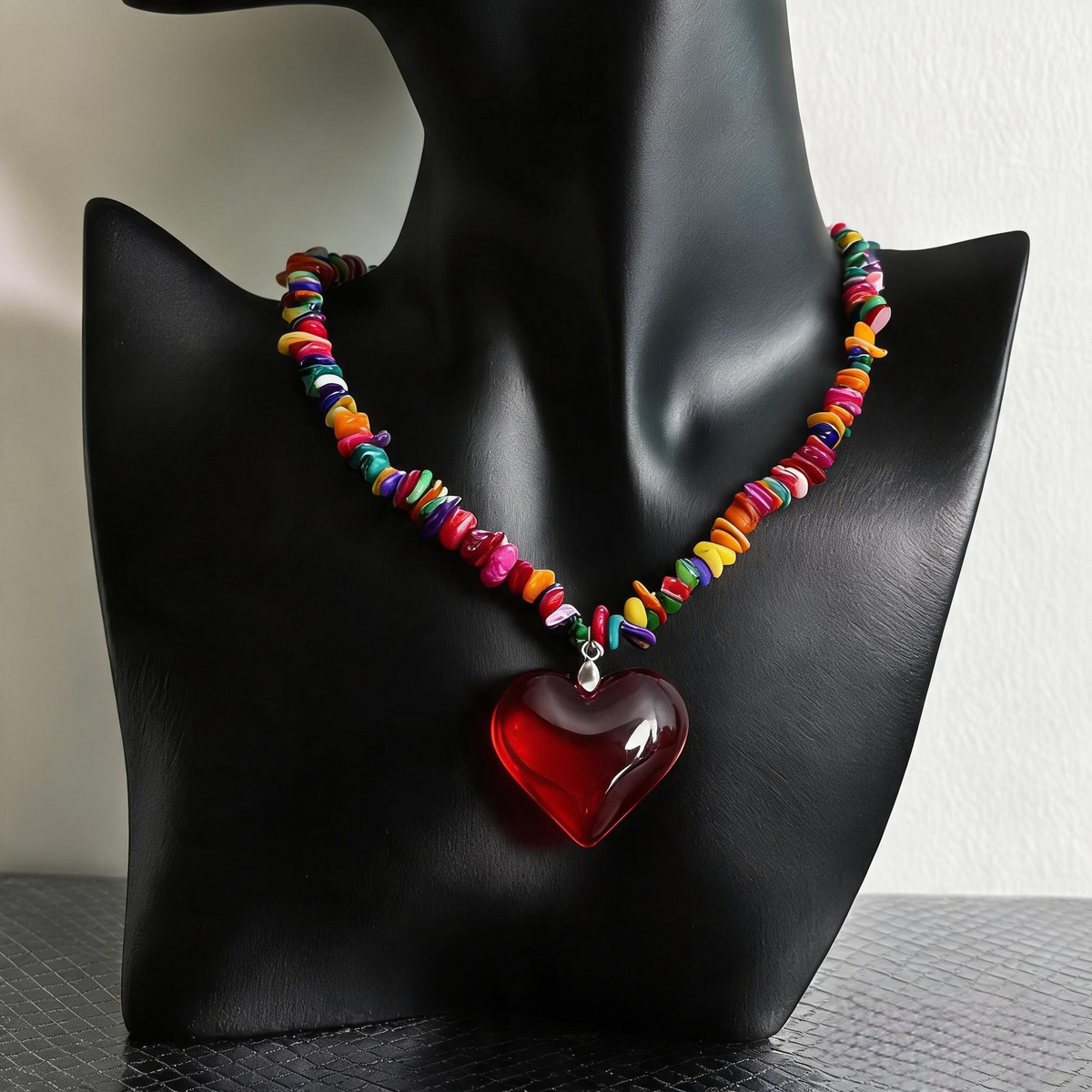 Colorful Heart Charm Necklace — Y2K Beaded Red Heart Pendant Jewelry