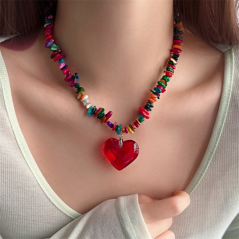 Colorful Heart Charm Necklace | Y2K Beaded Red Heart Pendant Jewelry
