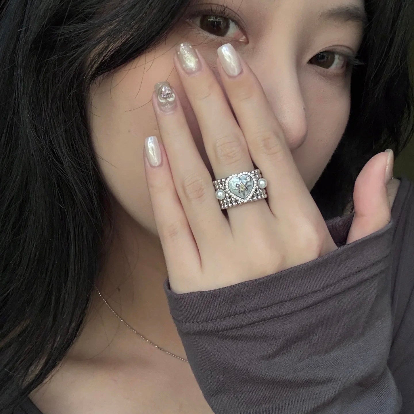 Dreamy Pearl Heart Ring – Y2K Fairycore Star Statement Jewelry