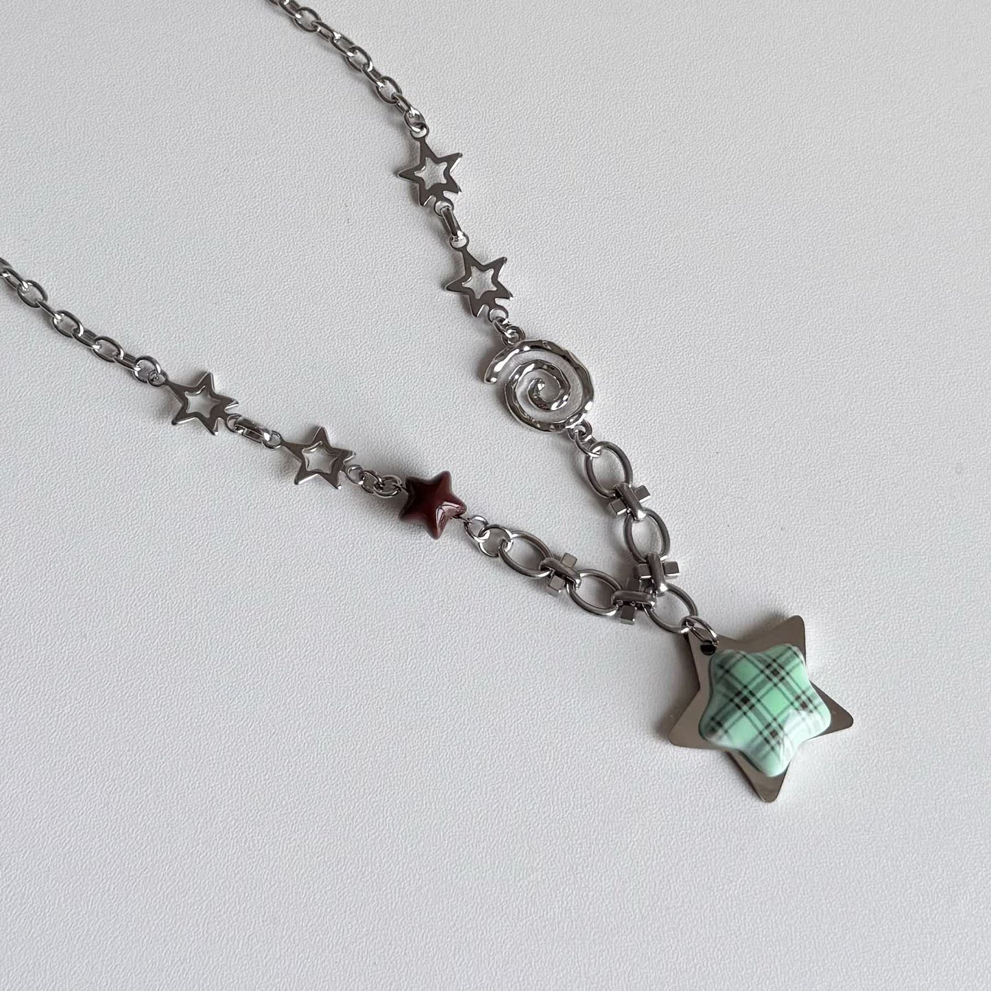 Plaid Star Charm Necklace — Y2K Vintage Layered Chain Necklace