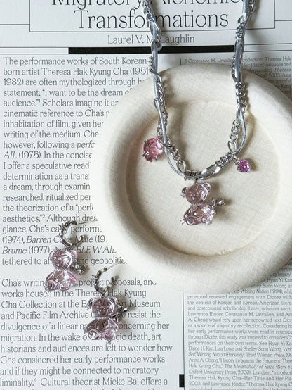 Pink Teddy Bear Charm Necklace — Y2K Cute Crystal Pendant Chain