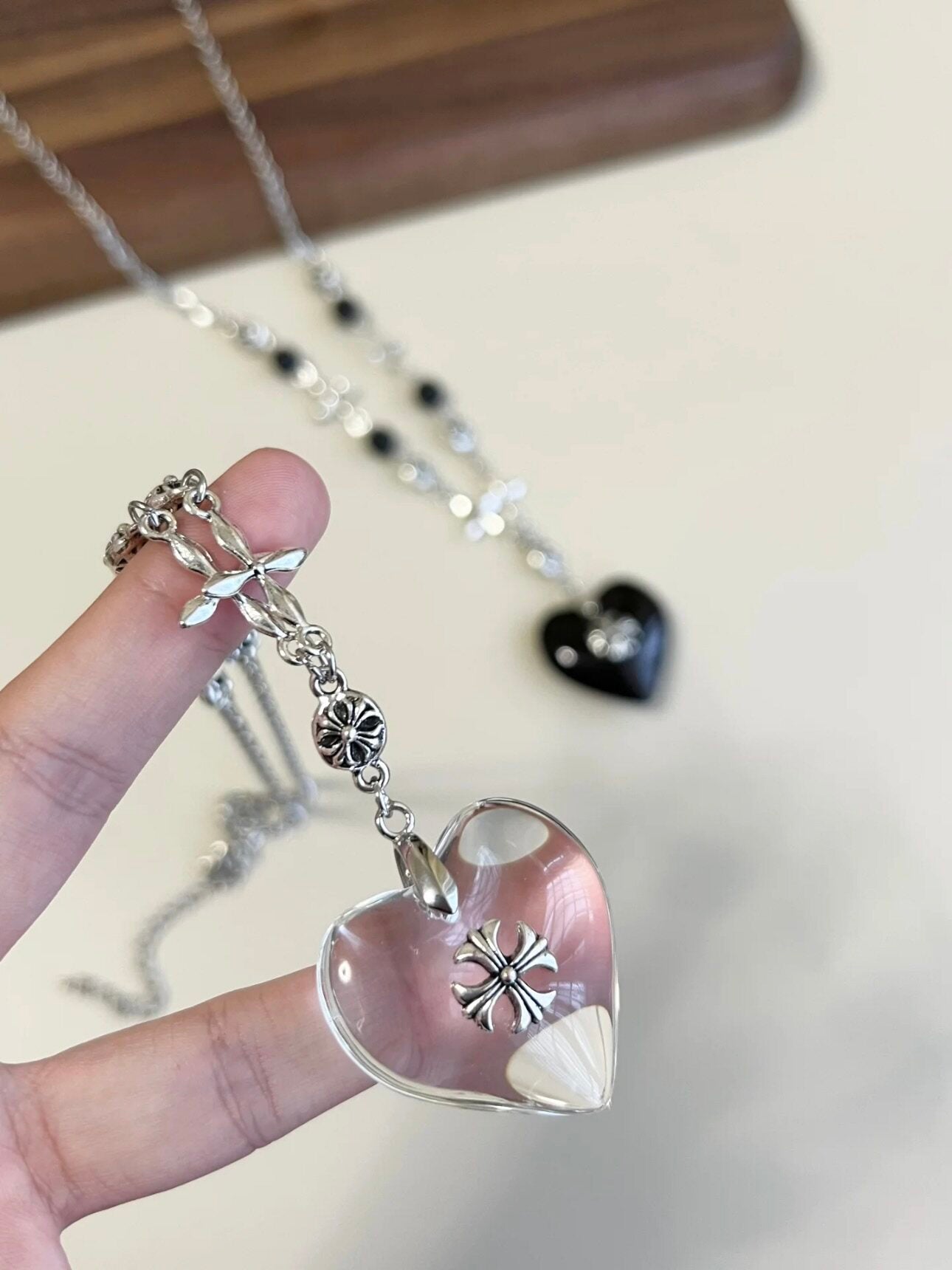 Midnight Heart Cross Necklace — Vintage Gothic Beaded Chain