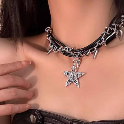 Dark Star Leather Necklace – Y2K Gothic Punk Jewelry