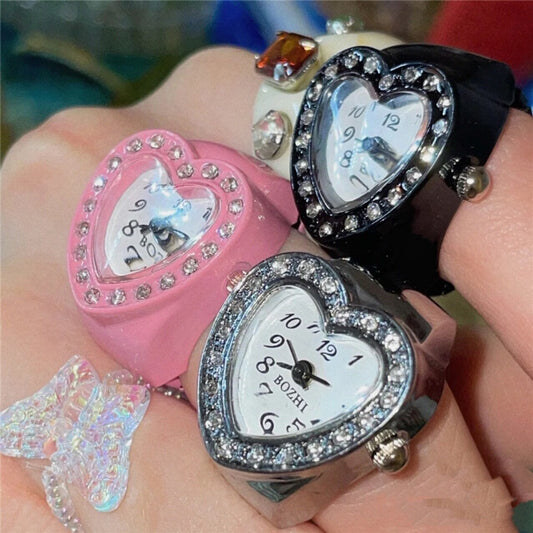 Y2K Mini Watch Ring | Cute Heart Dial Rhinestone Alloy Ring