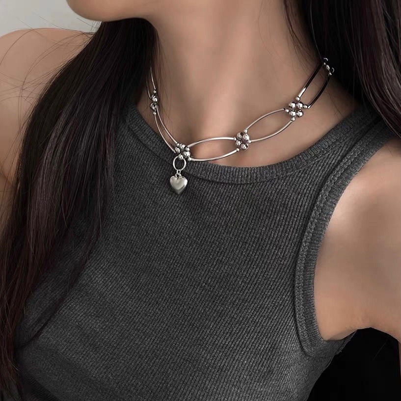 Heart Charm Chain Necklace — Y2K Vintage Silver Statement Necklace