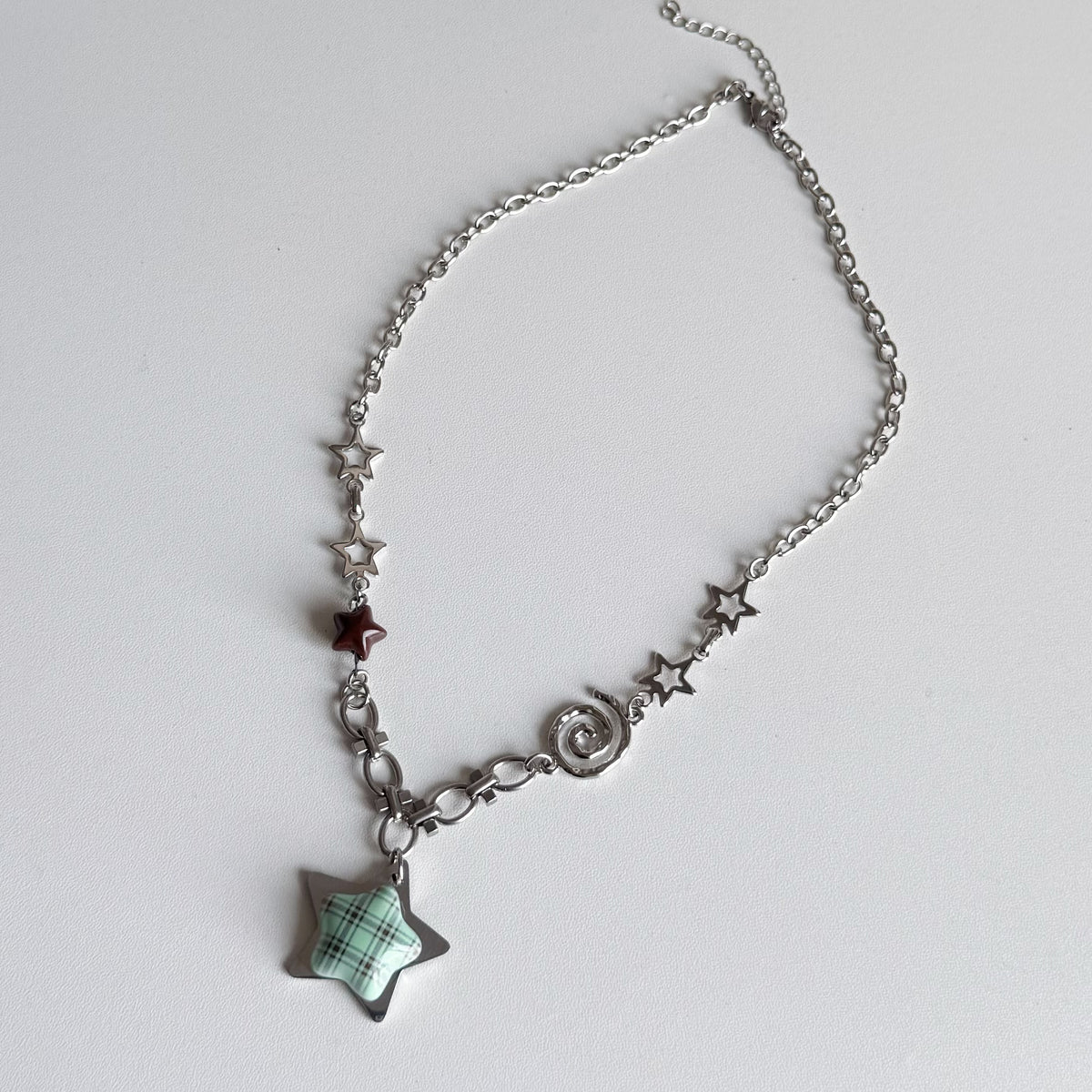 Plaid Star Charm Necklace — Y2K Vintage Layered Chain Necklace