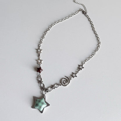 Plaid Star Charm Necklace — Y2K Vintage Layered Chain Necklace
