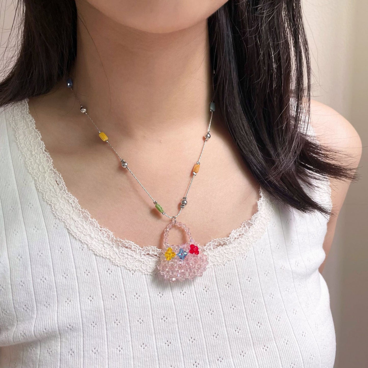 Y2K Mini Bag Charm Necklace | Colorful Beaded Statement Necklace