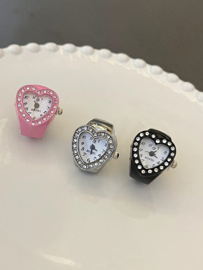 Y2K Mini Watch Ring | Cute Heart Dial Rhinestone Alloy Ring