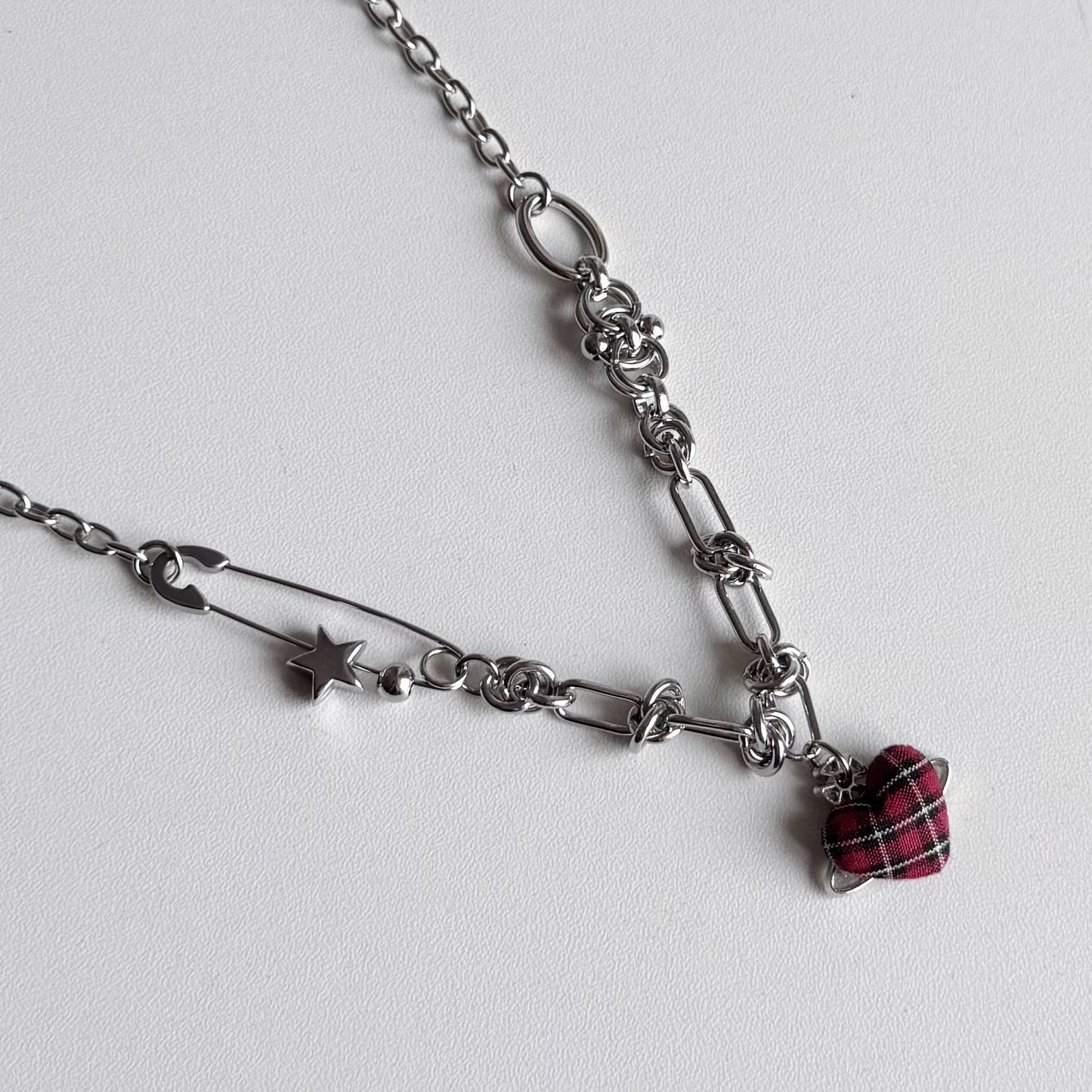 Red Plaid Heart Necklace — Y2K Vintage Punk Layered Jewelry