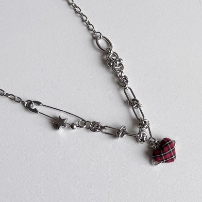 Red Plaid Heart Necklace — Y2K Vintage Punk Layered Jewelry