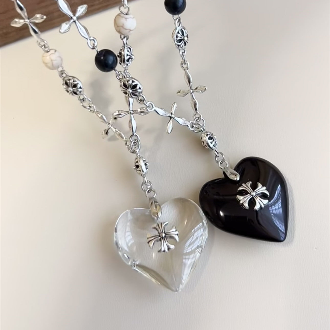 Midnight Heart Cross Necklace — Vintage Gothic Beaded Chain