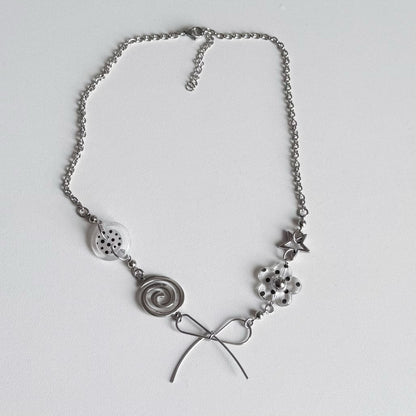 Silver Bow Charm Necklace — Y2K Vintage Layered Chain Jewelry